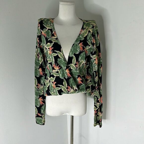 For Love And Lemons Palm Print Tropical Cross Over Blouse - Picture 1 of 5